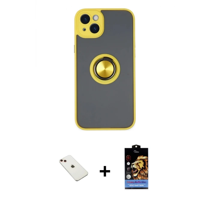 ieg™ iPhone 14 Kılıf Yörünge Çizgi - Siyah Buffer Hayalet Cam Ekran Koruyucu + Diamond Kamera Lens - KI