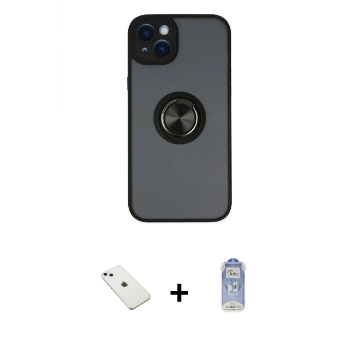 ieg™ iPhone 14 Kılıf Yörünge Çizgi - Siyah Joko Magic 5D Cam + Diamond Kamera Lens - SABE