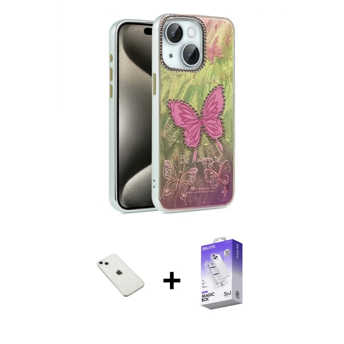 ieg™ iPhone 14 Kılıf Zirve Modern Prime - Siyah Bilvis 5in1 3D Magic Cam Ekran Koruyucu + Diamond Kamera Lens - SABE