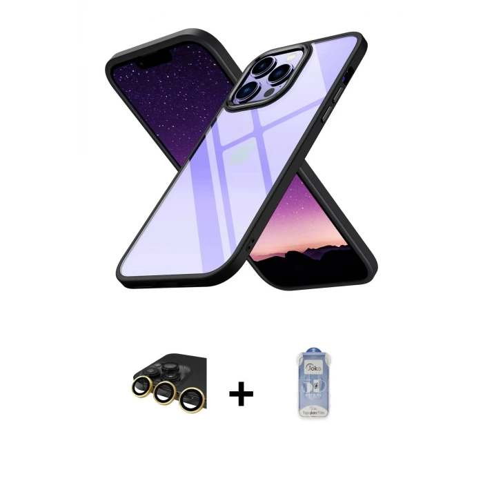 ieg™ iPhone 14 Pro Kılıf Nova Işık Serisi - Siyah Joko Magic 5D Cam + Raze Metal Kamera Lens - GD