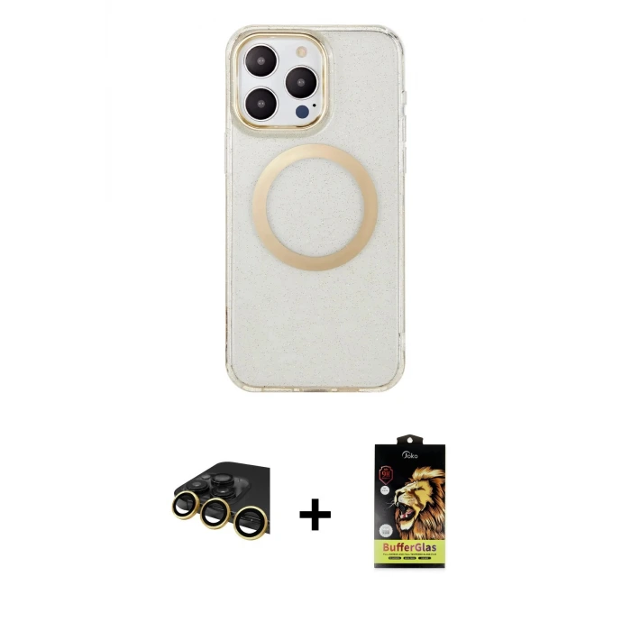 ieg™ iPhone 14 Pro Kılıf Pusula Form - Siyah Buffer Cam Ekran Koruyucu + Raze Metal Kamera Lens - GD
