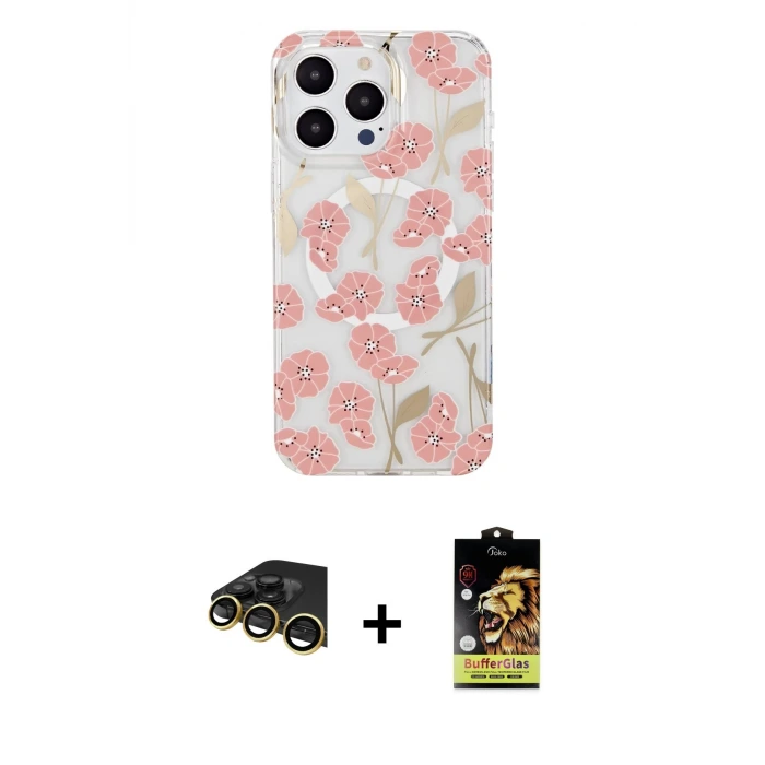ieg™ iPhone 14 Pro Kılıf Pusula Form - Siyah Buffer Cam Ekran Koruyucu + Raze Metal Kamera Lens - GD