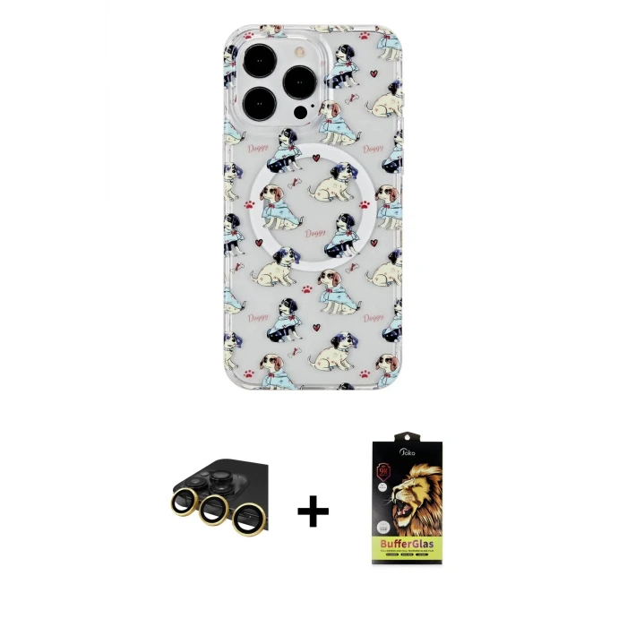 ieg™ iPhone 14 Pro Kılıf Pusula Form - Siyah Buffer Cam Ekran Koruyucu + Raze Metal Kamera Lens - GD