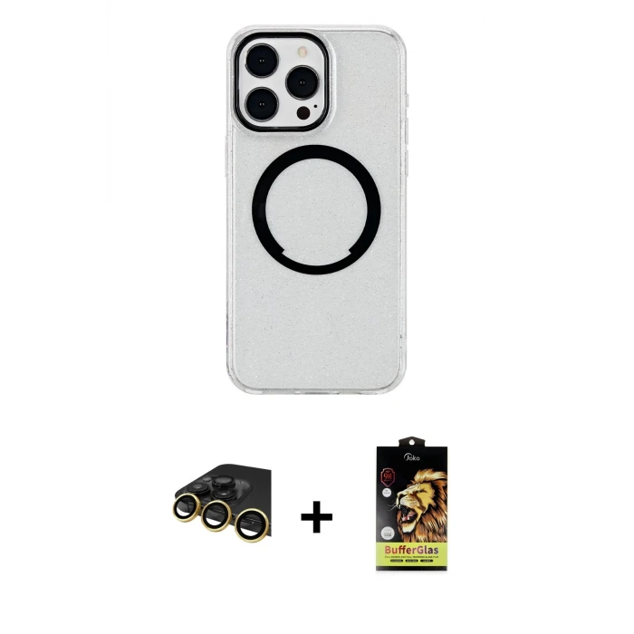 ieg™ iPhone 14 Pro Kılıf Pusula Form - Siyah Buffer Cam Ekran Koruyucu + Raze Metal Kamera Lens - GD