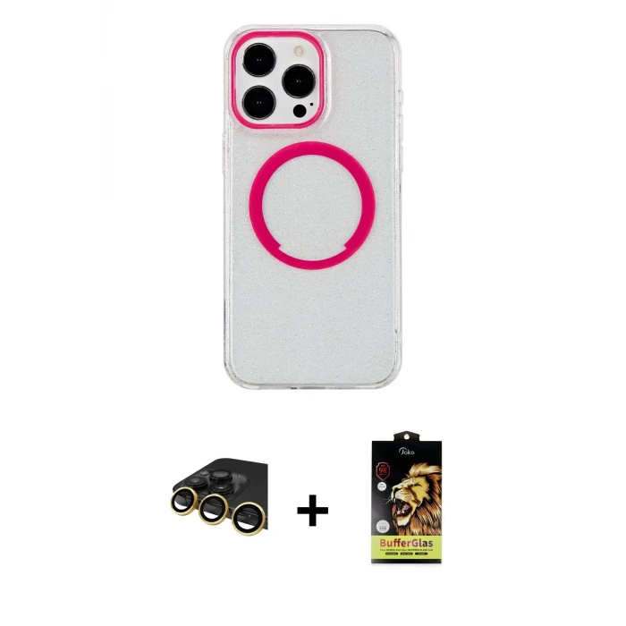 ieg™ iPhone 14 Pro Kılıf Pusula Form - Siyah Buffer Cam Ekran Koruyucu + Raze Metal Kamera Lens - GD