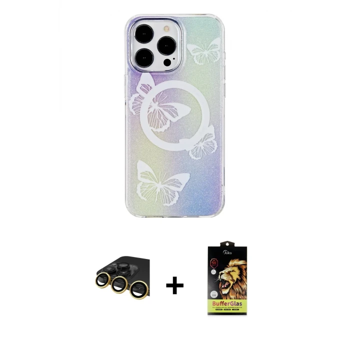 ieg™ iPhone 14 Pro Kılıf Pusula Form - Siyah Buffer Cam Ekran Koruyucu + Raze Metal Kamera Lens - GD