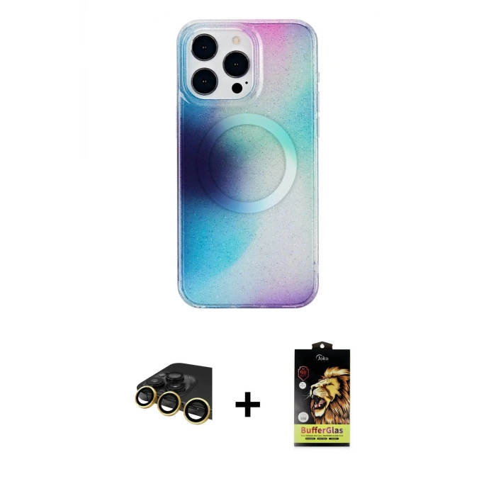 ieg™ iPhone 14 Pro Kılıf Pusula Form - Siyah Buffer Cam Ekran Koruyucu + Raze Metal Kamera Lens - GD