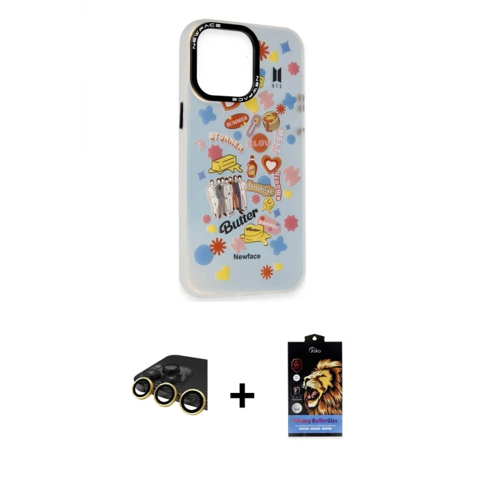 ieg™ iPhone 14 Pro Kılıf Siluet Çizgi Koleksiyonu - Siyah Buffer Hayalet Cam Ekran Koruyucu + Raze Metal Kamera Lens - GD