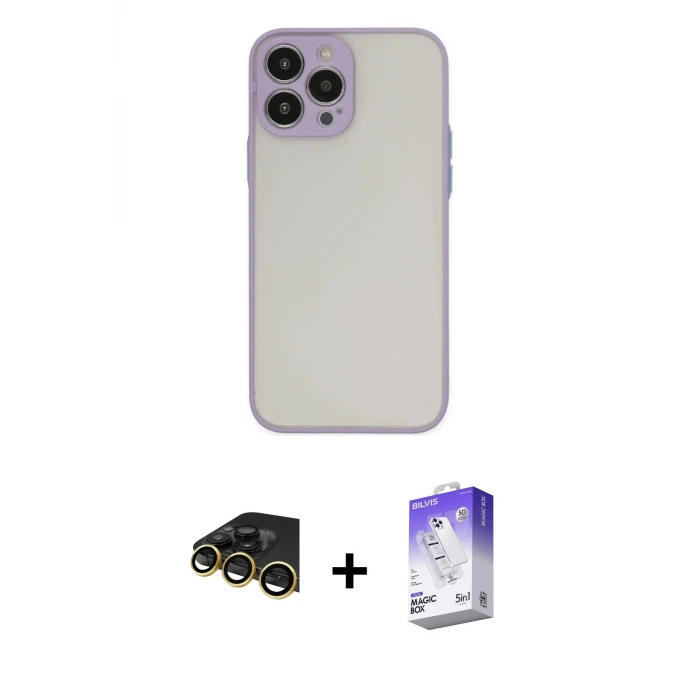ieg™ iPhone 14 Pro Max Kılıf Ahenk Çizgi Serisi - Siyah Bilvis 5in1 3D Magic Cam Ekran Koruyucu + Raze Metal Kamera Lens - GD