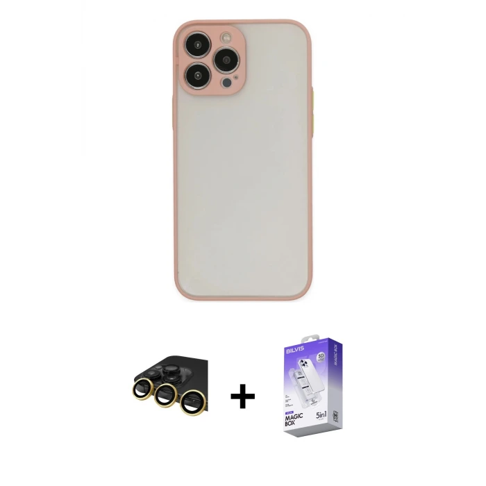 ieg™ iPhone 14 Pro Max Kılıf Ahenk Çizgi Serisi - Siyah Bilvis 5in1 3D Magic Cam Ekran Koruyucu + Raze Metal Kamera Lens - GD