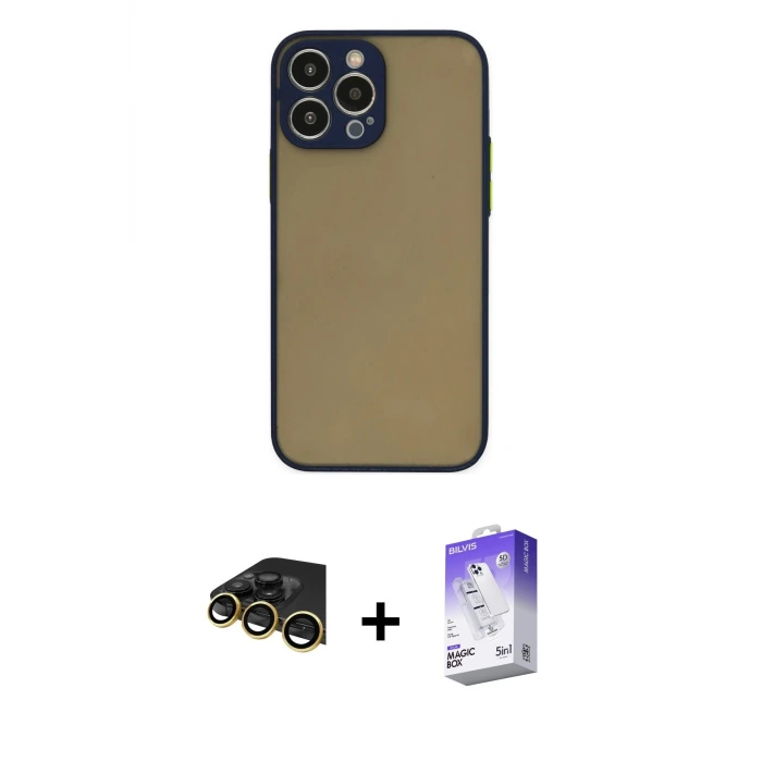 ieg™ iPhone 14 Pro Max Kılıf Ahenk Çizgi Serisi - Siyah Bilvis 5in1 3D Magic Cam Ekran Koruyucu + Raze Metal Kamera Lens - GD