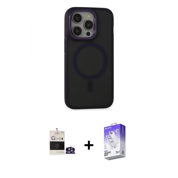 ieg™ iPhone 14 Pro Max Kılıf Ahenk Form Serisi - Siyah Bilvis 5in1 3D Magic Cam Ekran Koruyucu + Bilvis Titan Kamera Lens - GS