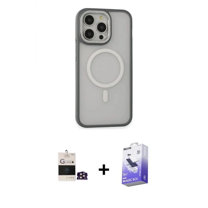 ieg™ iPhone 14 Pro Max Kılıf Ahenk Form Serisi - Siyah Bilvis 5in1 5D Magic Hayalet Cam Ekran Koruyucu + Bilvis Titan Kamera Lens - GD