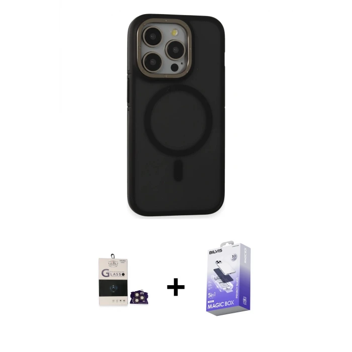 ieg™ iPhone 14 Pro Max Kılıf Ahenk Form Serisi - Siyah Bilvis 5in1 5D Magic Hayalet Cam Ekran Koruyucu + Bilvis Titan Kamera Lens - GD
