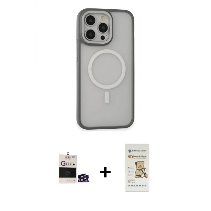 ieg™ iPhone 14 Pro Max Kılıf Ahenk Form Serisi - Siyah Mat Seramik Nano Ekran Koruyucu + Bilvis Titan Kamera Lens - DNMR