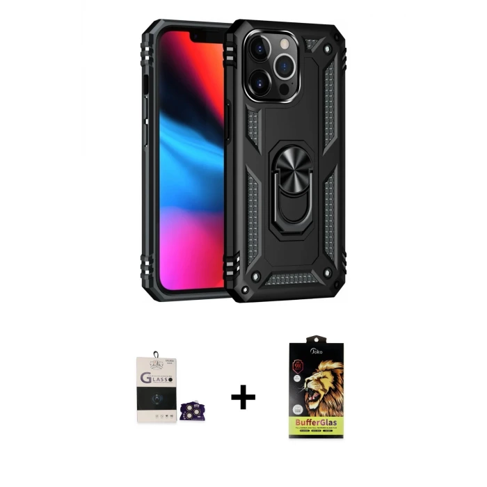 ieg™ iPhone 14 Pro Max Kılıf Ahenk Klasik Koleksiyonu - Siyah Buffer Cam Ekran Koruyucu + Bilvis Titan Kamera Lens - GD
