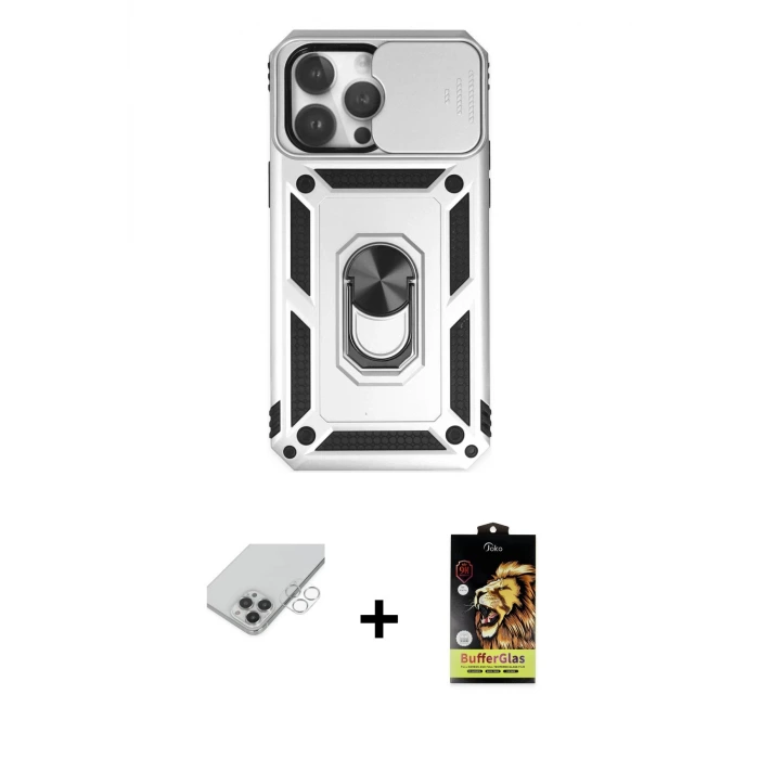 ieg™ iPhone 14 Pro Max Kılıf Ahenk Klasik - Siyah Buffer Cam Ekran Koruyucu + Band Metal Kamera Lens - GS