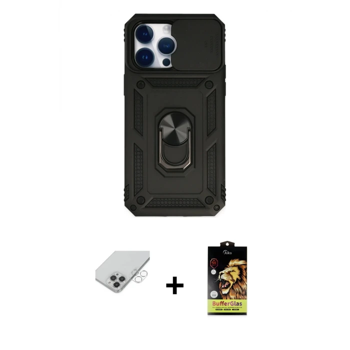 ieg™ iPhone 14 Pro Max Kılıf Ahenk Klasik - Siyah Buffer Cam Ekran Koruyucu + Band Metal Kamera Lens - GS