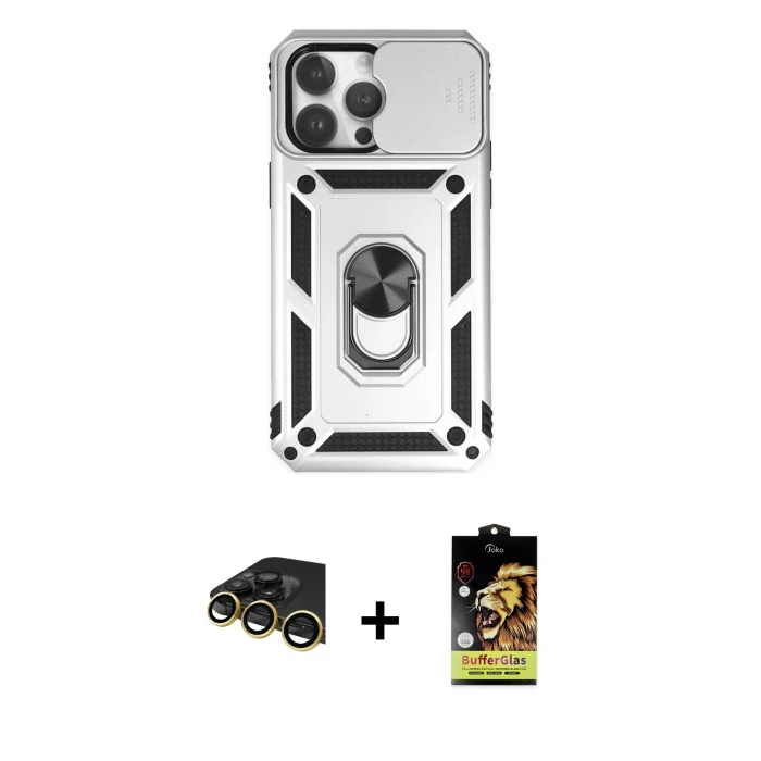 ieg™ iPhone 14 Pro Max Kılıf Ahenk Klasik - Siyah Buffer Cam Ekran Koruyucu + Raze Metal Kamera Lens - GD