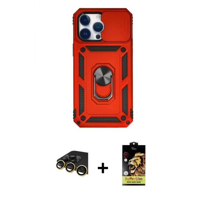 ieg™ iPhone 14 Pro Max Kılıf Ahenk Klasik - Siyah Buffer Cam Ekran Koruyucu + Raze Metal Kamera Lens - GD