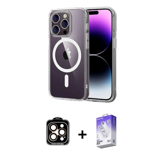ieg™ iPhone 14 Pro Max Kılıf Ahenk Minimal Serisi - Siyah Bilvis 5in1 3D Magic Cam Ekran Koruyucu + PVD Metal Kamera Lens - TU