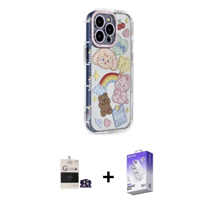 ieg™ iPhone 14 Pro Max Kılıf Ahenk Modern Serisi - Siyah Bilvis 5in1 3D Magic Cam Ekran Koruyucu + Bilvis Titan Kamera Lens - GS
