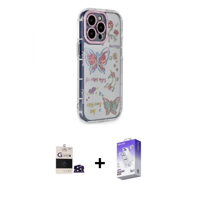 ieg™ iPhone 14 Pro Max Kılıf Ahenk Modern Serisi - Siyah Bilvis 5in1 3D Magic Cam Ekran Koruyucu + Bilvis Titan Kamera Lens - DNMR