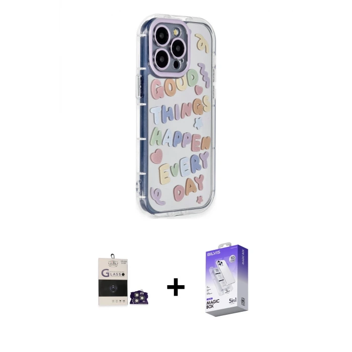 ieg™ iPhone 14 Pro Max Kılıf Ahenk Modern Serisi - Siyah Bilvis 5in1 3D Magic Cam Ekran Koruyucu + Bilvis Titan Kamera Lens - GS