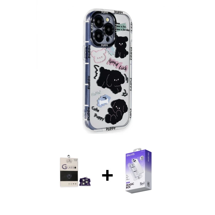 ieg™ iPhone 14 Pro Max Kılıf Ahenk Modern Serisi - Siyah Bilvis 5in1 3D Magic Cam Ekran Koruyucu + Bilvis Titan Kamera Lens - GS