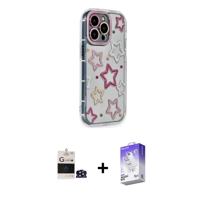 ieg™ iPhone 14 Pro Max Kılıf Ahenk Modern Serisi - Siyah Bilvis 5in1 3D Magic Cam Ekran Koruyucu + Bilvis Titan Kamera Lens - DNMR