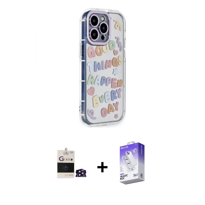 ieg™ iPhone 14 Pro Max Kılıf Ahenk Modern Serisi - Siyah Bilvis 5in1 3D Magic Cam Ekran Koruyucu + Bilvis Titan Kamera Lens - DNMR