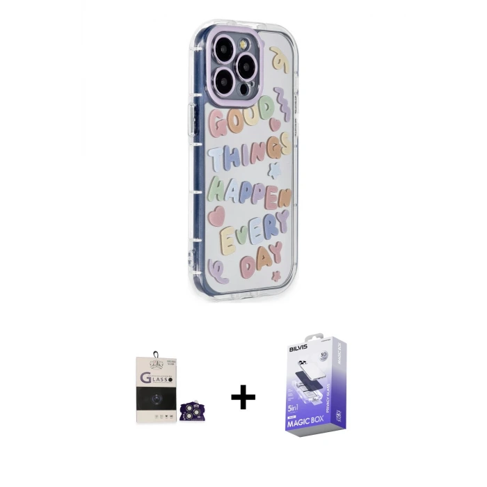 ieg™ iPhone 14 Pro Max Kılıf Ahenk Modern Serisi - Siyah Bilvis 5in1 5D Magic Hayalet Cam Ekran Koruyucu + Bilvis Titan Kamera Lens - GS