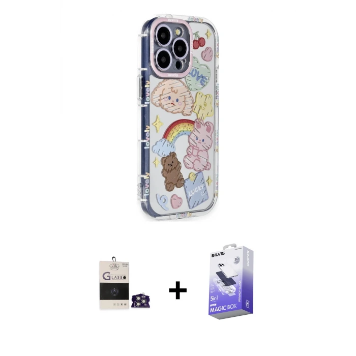 ieg™ iPhone 14 Pro Max Kılıf Ahenk Modern Serisi - Siyah Bilvis 5in1 5D Magic Hayalet Cam Ekran Koruyucu + Bilvis Titan Kamera Lens - GS
