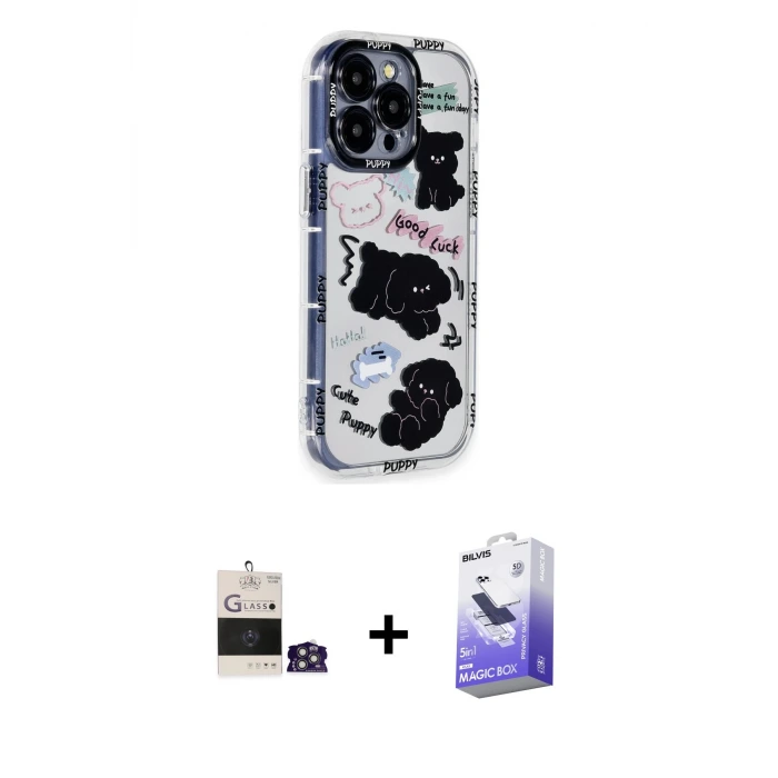 ieg™ iPhone 14 Pro Max Kılıf Ahenk Modern Serisi - Siyah Bilvis 5in1 5D Magic Hayalet Cam Ekran Koruyucu + Bilvis Titan Kamera Lens - GS