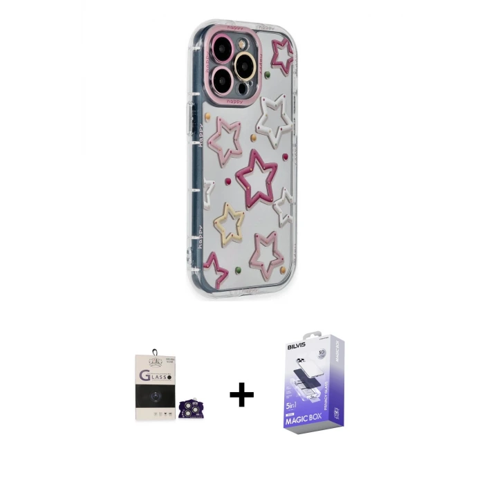 ieg™ iPhone 14 Pro Max Kılıf Ahenk Modern Serisi - Siyah Bilvis 5in1 5D Magic Hayalet Cam Ekran Koruyucu + Bilvis Titan Kamera Lens - GS