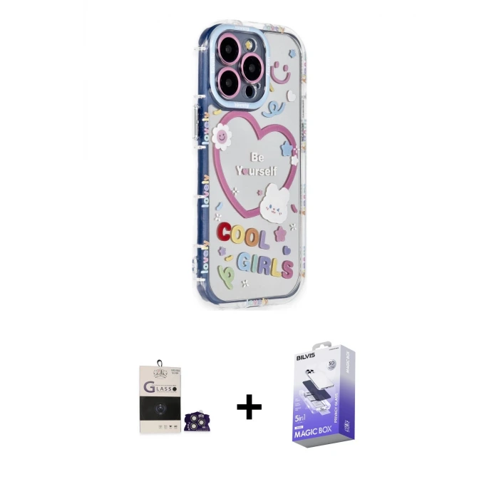 ieg™ iPhone 14 Pro Max Kılıf Ahenk Modern Serisi - Siyah Bilvis 5in1 5D Magic Hayalet Cam Ekran Koruyucu + Bilvis Titan Kamera Lens - GS