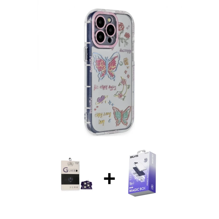 ieg™ iPhone 14 Pro Max Kılıf Ahenk Modern Serisi - Siyah Bilvis 5in1 5D Magic Hayalet Cam Ekran Koruyucu + Bilvis Titan Kamera Lens - GS