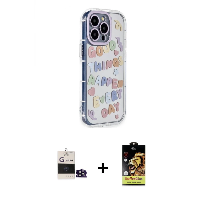 ieg™ iPhone 14 Pro Max Kılıf Ahenk Modern Serisi - Siyah Buffer Cam Ekran Koruyucu + Bilvis Titan Kamera Lens - SH