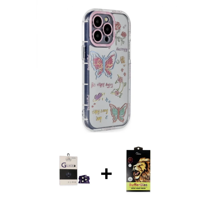 ieg™ iPhone 14 Pro Max Kılıf Ahenk Modern Serisi - Siyah Buffer Cam Ekran Koruyucu + Bilvis Titan Kamera Lens - SH
