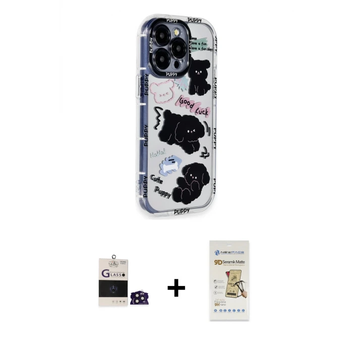 ieg™ iPhone 14 Pro Max Kılıf Ahenk Modern Serisi - Siyah Mat Seramik Nano Ekran Koruyucu + Bilvis Titan Kamera Lens - DNMR
