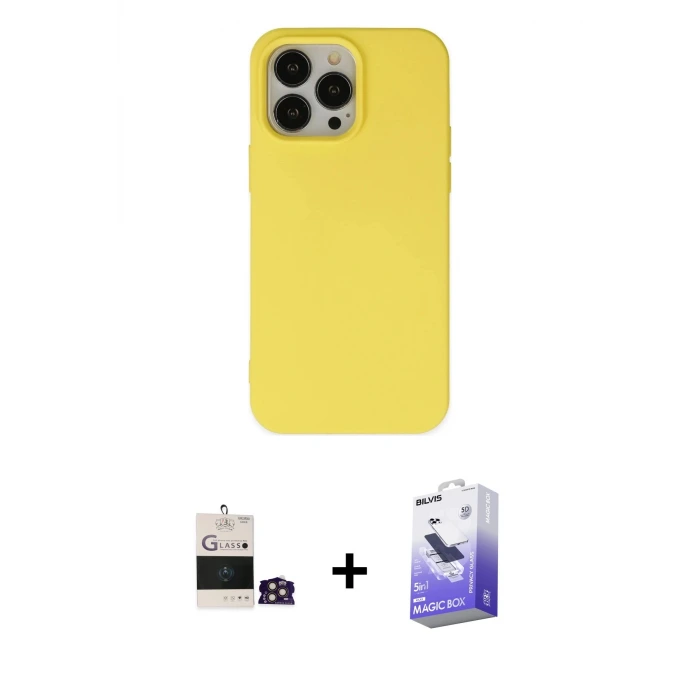 ieg™ iPhone 14 Pro Max Kılıf Ahenk Serisi - Siyah Bilvis 5in1 5D Magic Hayalet Cam Ekran Koruyucu + Bilvis Titan Kamera Lens - GD