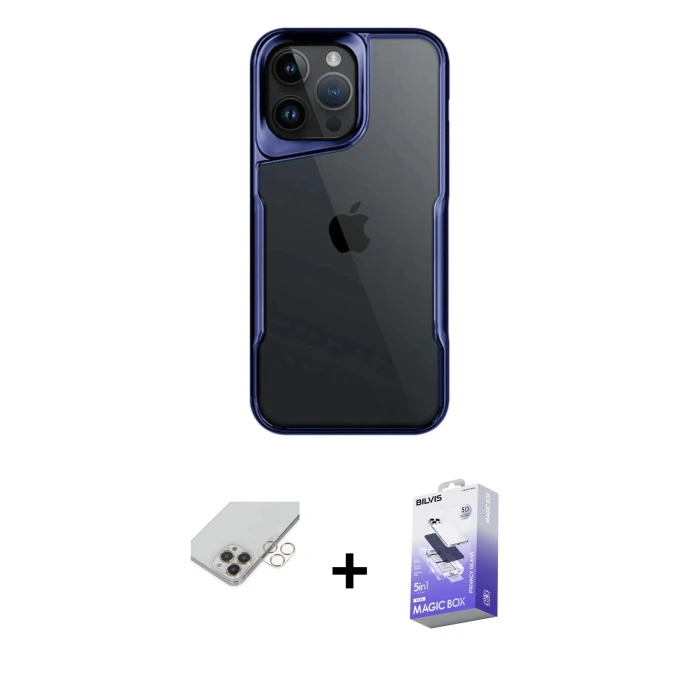 ieg™ iPhone 14 Pro Max Kılıf Akış Çizgi Koleksiyonu - Siyah Bilvis 5in1 5D Magic Hayalet Cam Ekran Koruyucu + Band Metal Kamera Lens - GD