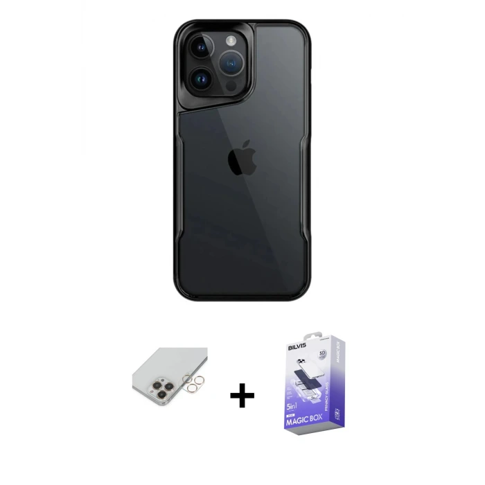 ieg™ iPhone 14 Pro Max Kılıf Akış Çizgi Koleksiyonu - Siyah Bilvis 5in1 5D Magic Hayalet Cam Ekran Koruyucu + Band Metal Kamera Lens - GD