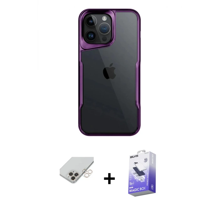 ieg™ iPhone 14 Pro Max Kılıf Akış Çizgi Koleksiyonu - Siyah Bilvis 5in1 5D Magic Hayalet Cam Ekran Koruyucu + Band Metal Kamera Lens - GD