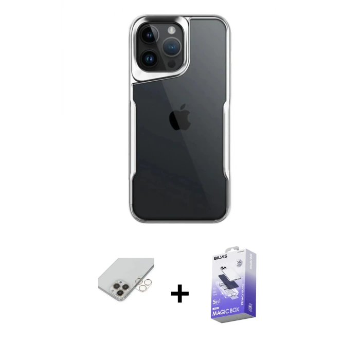 ieg™ iPhone 14 Pro Max Kılıf Akış Çizgi Koleksiyonu - Siyah Bilvis 5in1 5D Magic Hayalet Cam Ekran Koruyucu + Band Metal Kamera Lens - GD