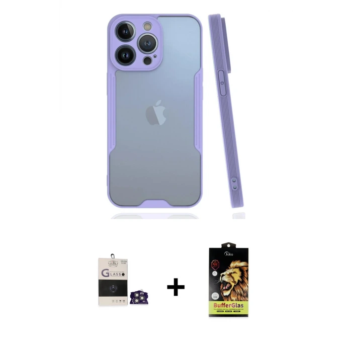 ieg™ iPhone 14 Pro Max Kılıf Atlas Asil Serisi - Siyah Buffer Cam Ekran Koruyucu + Bilvis Titan Kamera Lens - GS