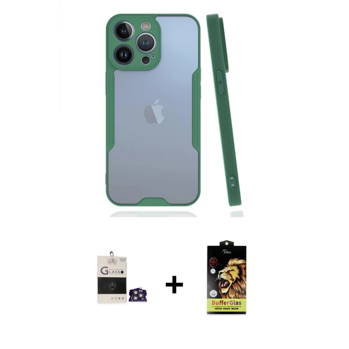 ieg™ iPhone 14 Pro Max Kılıf Atlas Asil Serisi - Siyah Buffer Cam Ekran Koruyucu + Bilvis Titan Kamera Lens - GS