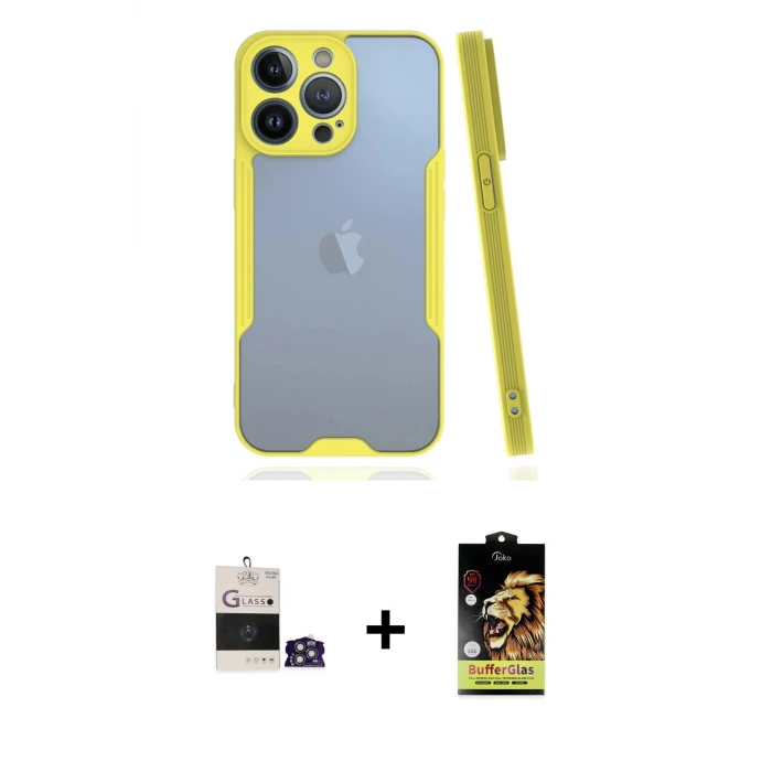 ieg™ iPhone 14 Pro Max Kılıf Atlas Asil Serisi - Siyah Buffer Cam Ekran Koruyucu + Bilvis Titan Kamera Lens - GS