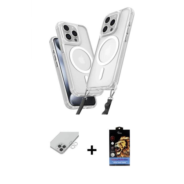 ieg™ iPhone 14 Pro Max Kılıf Atlas Doku Koleksiyonu - Siyah Buffer Hayalet Cam Ekran Koruyucu + Band Metal Kamera Lens - GS
