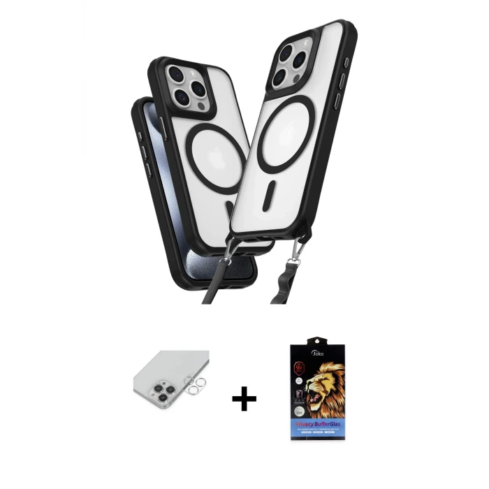 ieg™ iPhone 14 Pro Max Kılıf Atlas Doku Koleksiyonu - Siyah Buffer Hayalet Cam Ekran Koruyucu + Band Metal Kamera Lens - GS